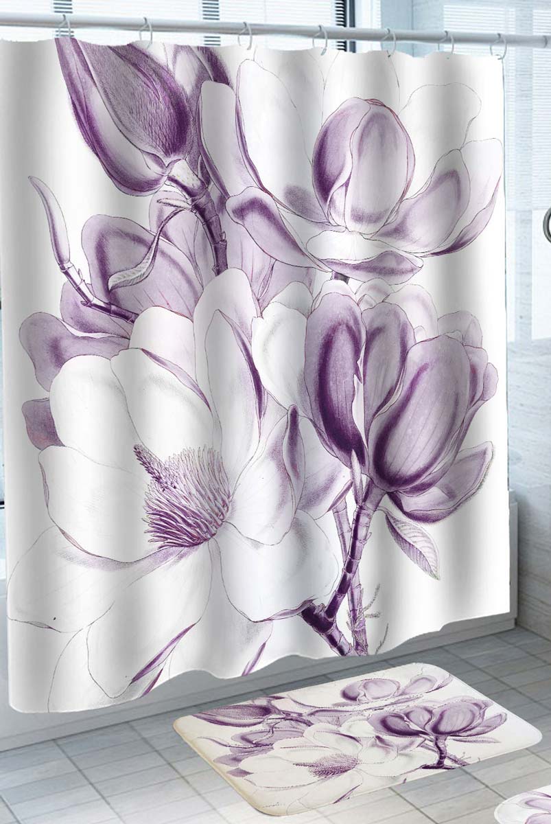 Purple Flowers Drawing Fabric Shower Curtains