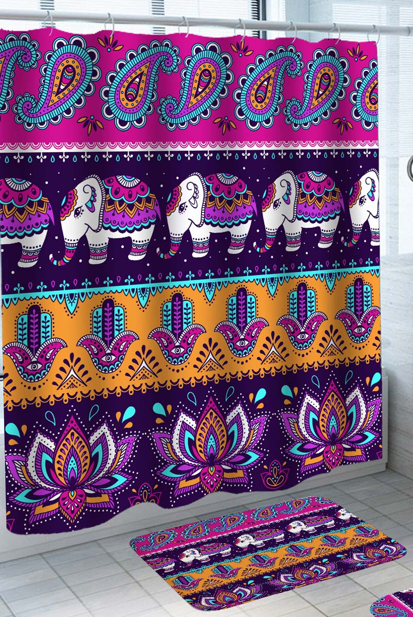 Purple Oriental Elements and Elephants Shower Curtain