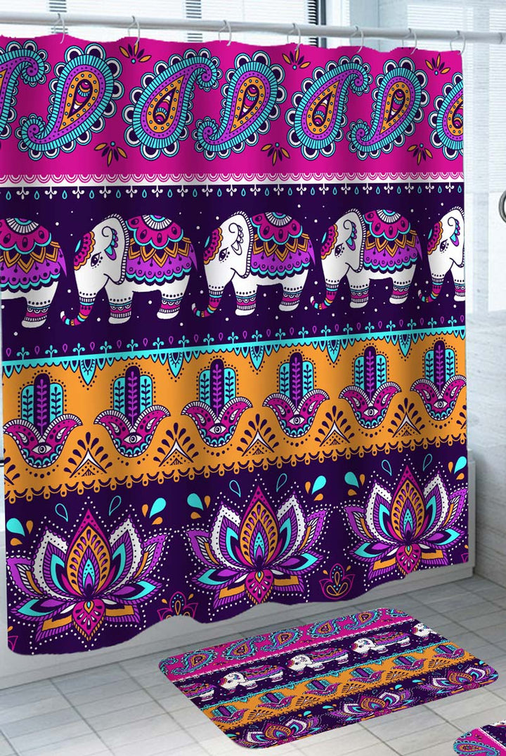 Purple Oriental Elements and Elephants Shower Curtain