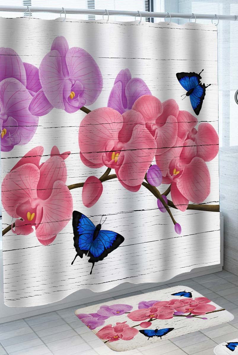 Purple Pink Shower Curtains with Orchid and Butterflies