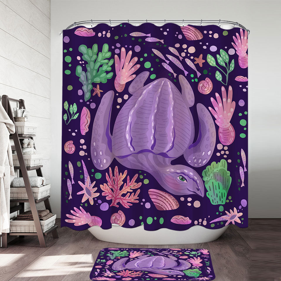 Purple Shower Curtain Underwater World and Pretty Turtle