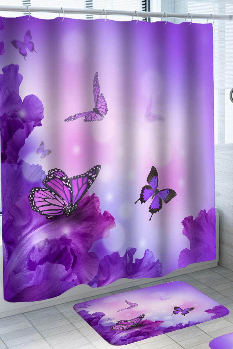 Purple Shower Curtain with Flowers and Butterflies