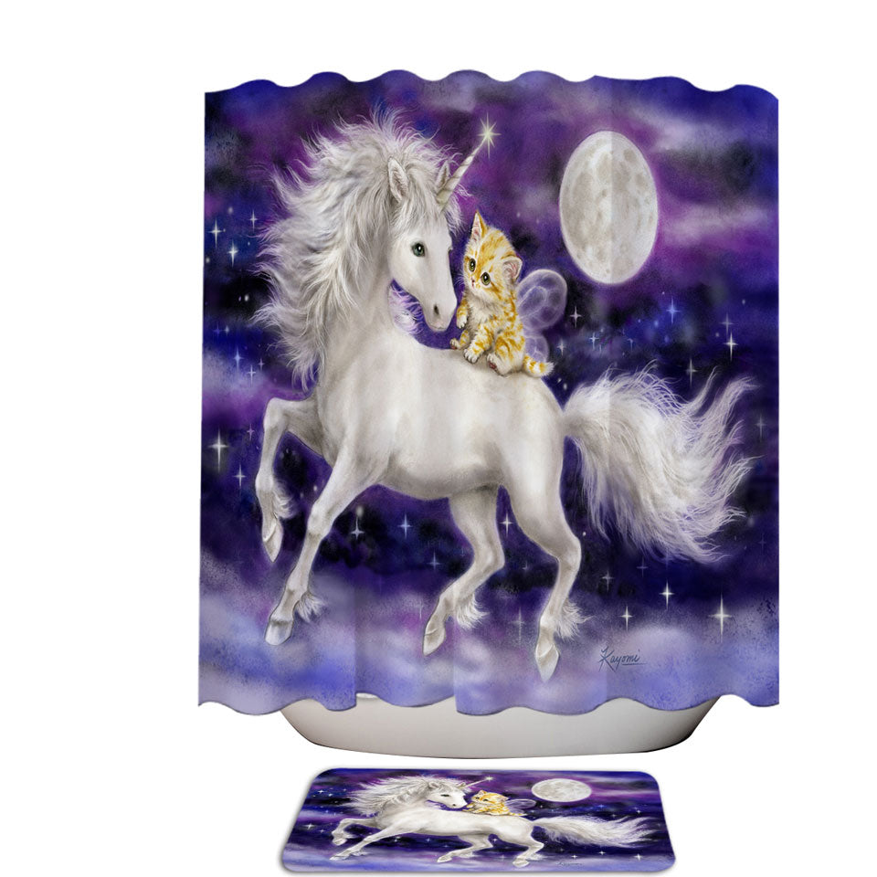 Purple Shower Curtains Space Unicorn and Ginger Kitten
