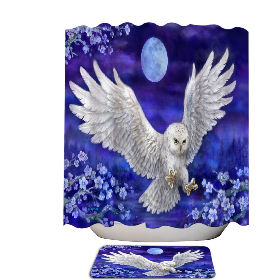 Purple Skies Moon Flowers and White Owl Shower Curtain