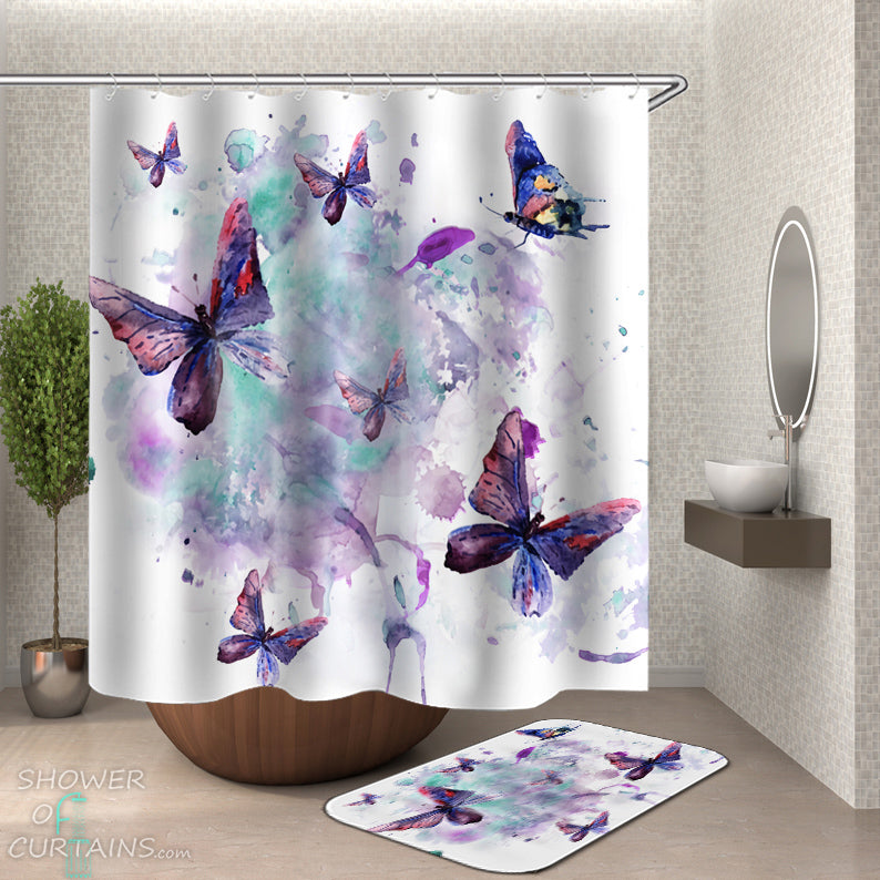 Purple Butterfly Shower Curtain of Watercolor Painting Butterflies