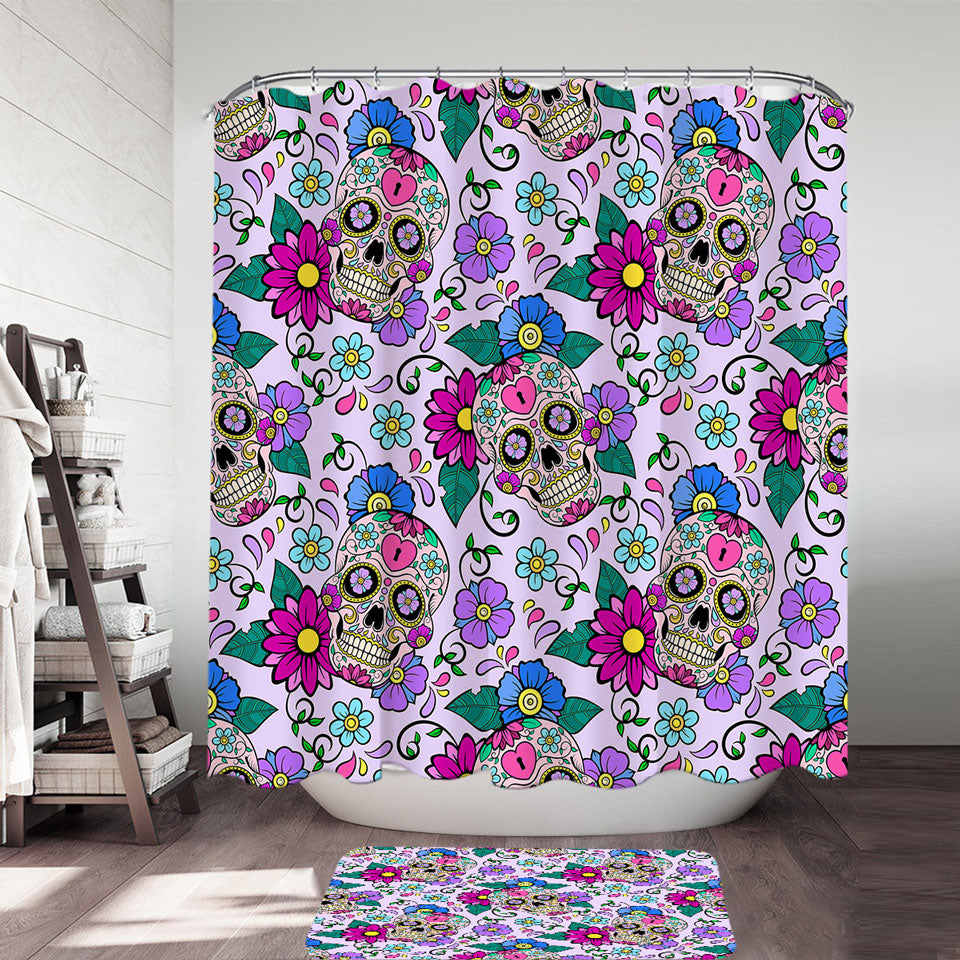 Purplish Shower Curtains Sugar Skulls and Flowers