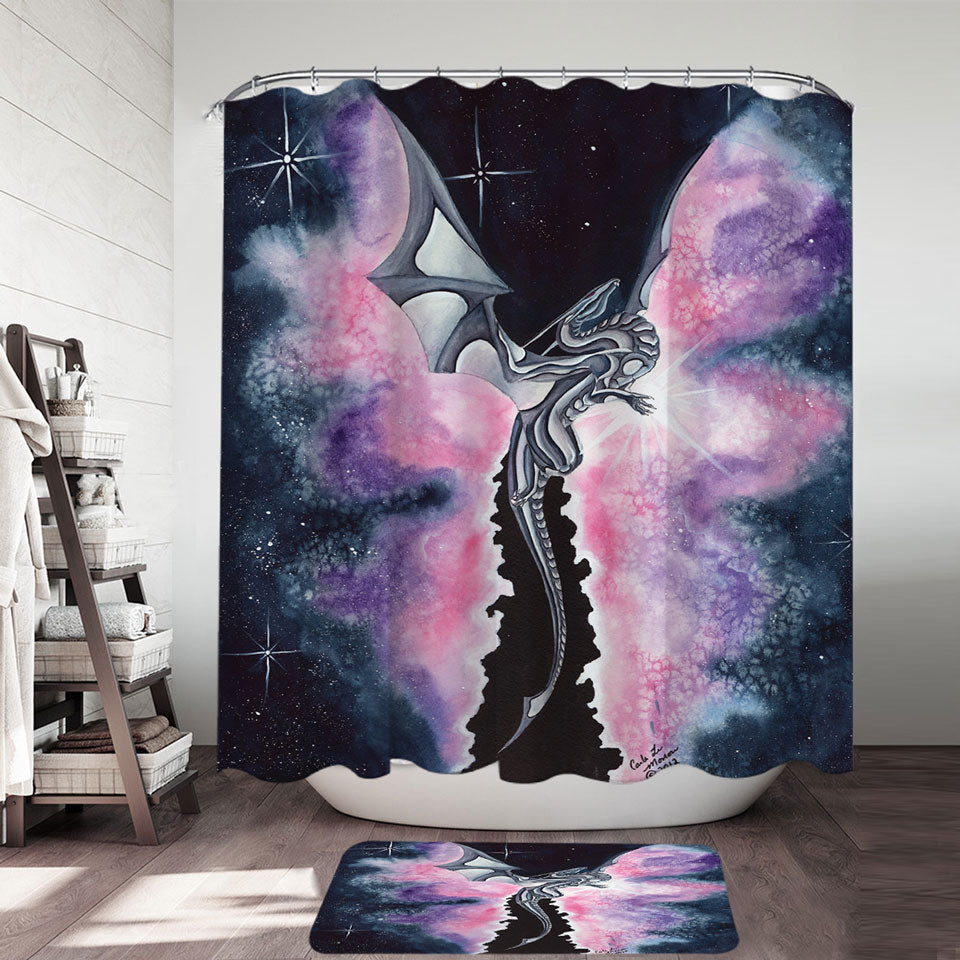 Purplish Space Shower Curtains with Dragon Flying through the Cosmos