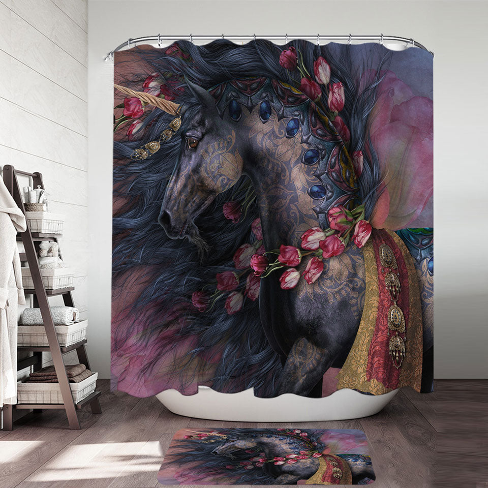 Raaf Black Oriental Unicorn and Roses Shower Curtains