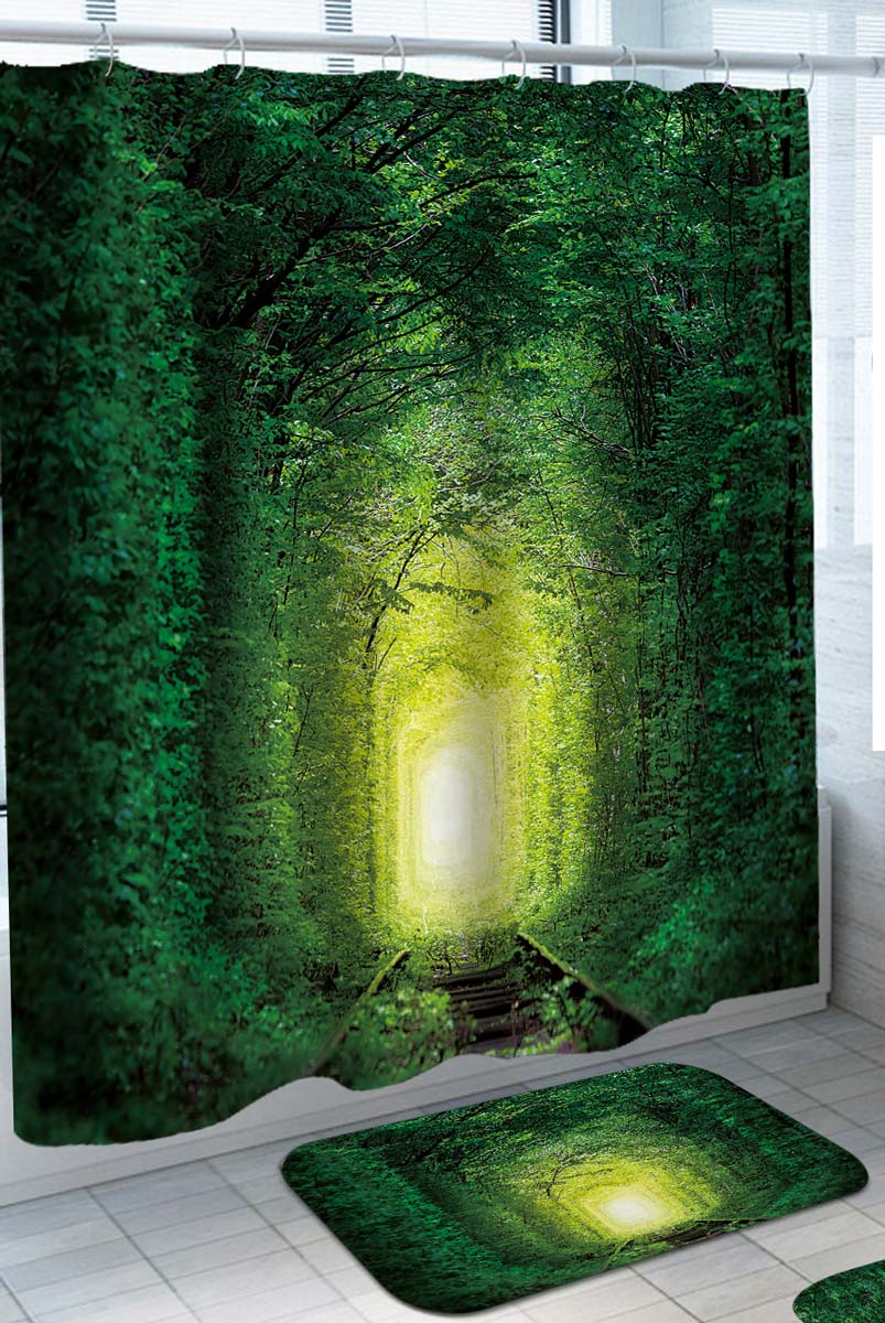 Railroad Path Through Green Forest Shower Curtains