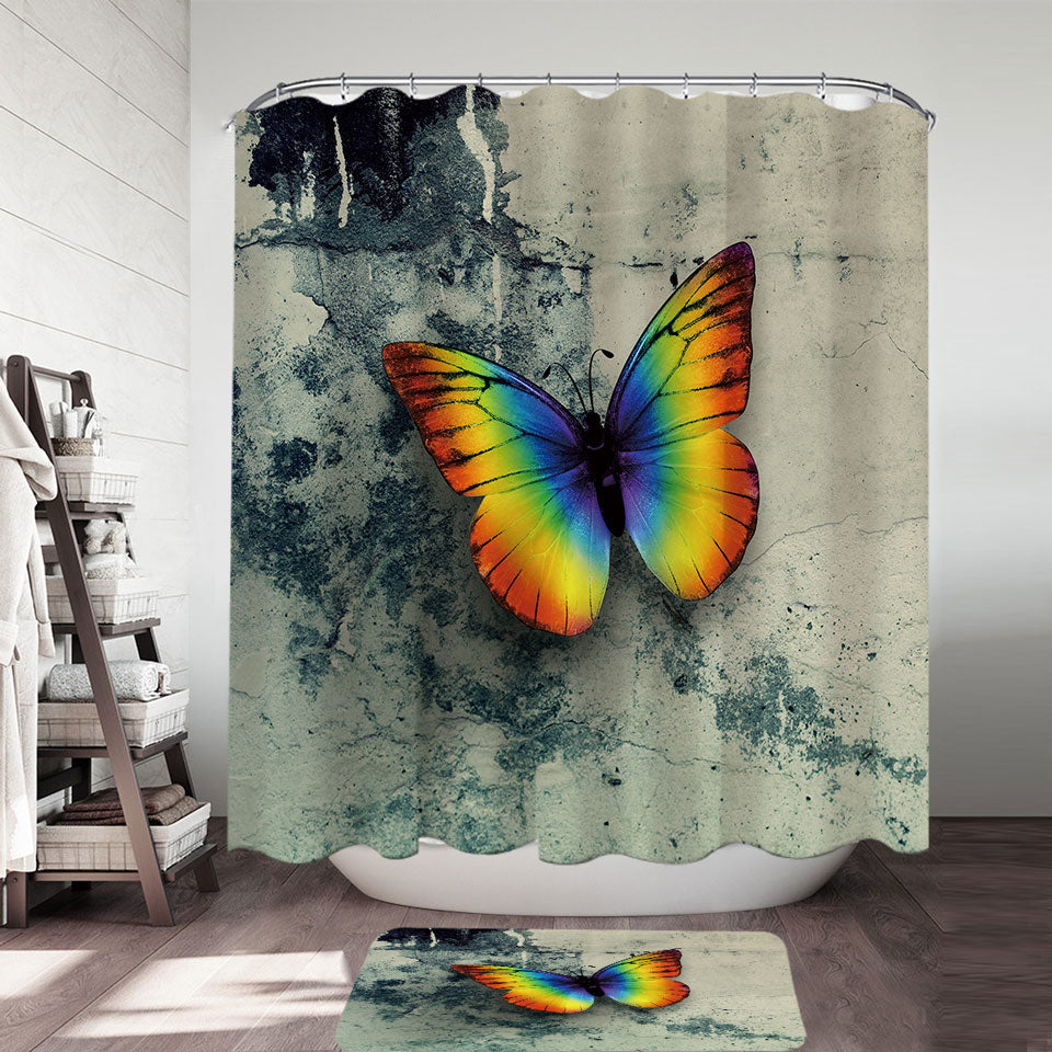 Rainbow Shower Curtain with Butterfly Over Concrete