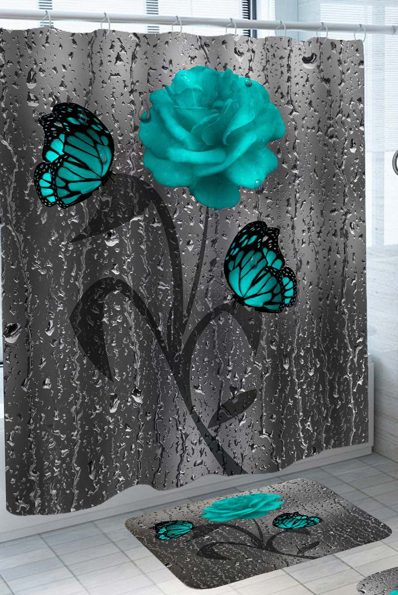 Rainy Turquoise Rose and Butterflies Shower Curtain and Bathroom Rug