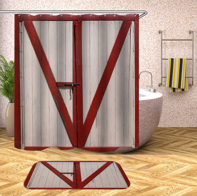 Red Frame Wooden Farmhouse Barn Door Shower Curtain