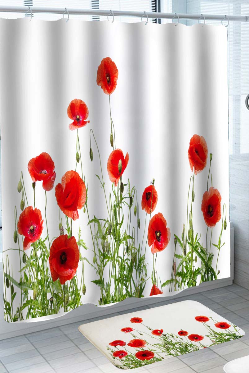 Red Poppy Seed Flowers Shower Curtain