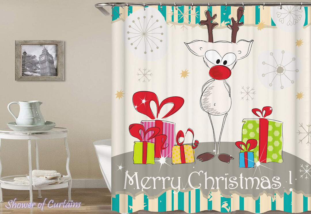 Reindeer Shower Curtain - Guarding The Presents Drawing - Christmas Bath Mat