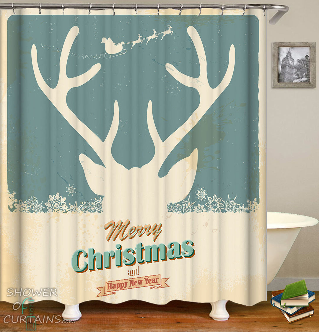 Reindeer Shower Curtain - Reindeer Christmas Vintage Tin Plate