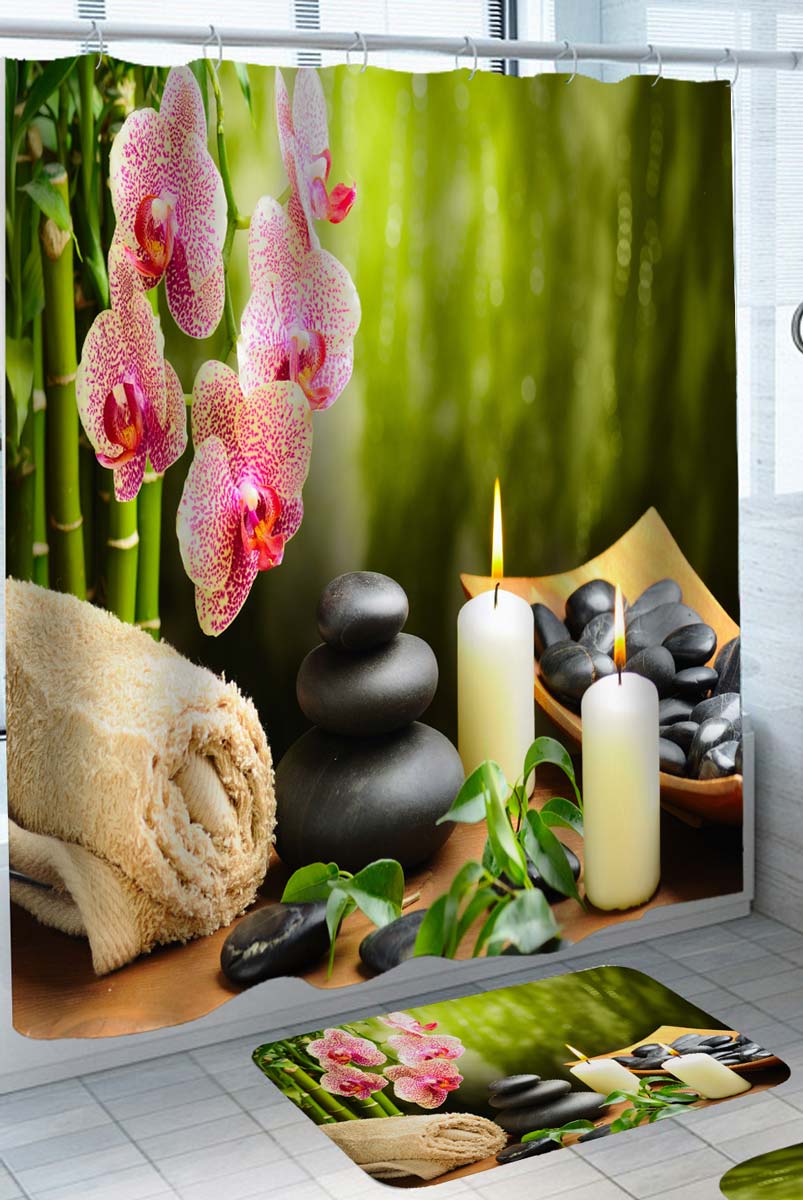 Relaxing Bathroom Rug with Spa Candles Pebbles and Orchid Shower Curtain