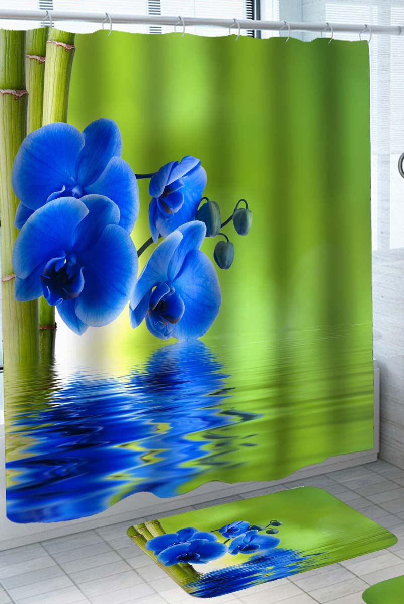 Relaxing Shower Curtains Water Bamboo and Blue Orchid
