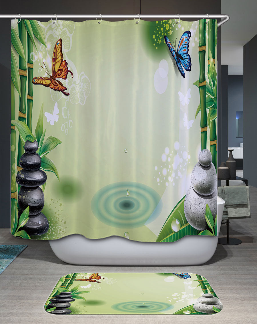 Relaxing Shower Curtains with Butterflies Pebbles and Bamboo