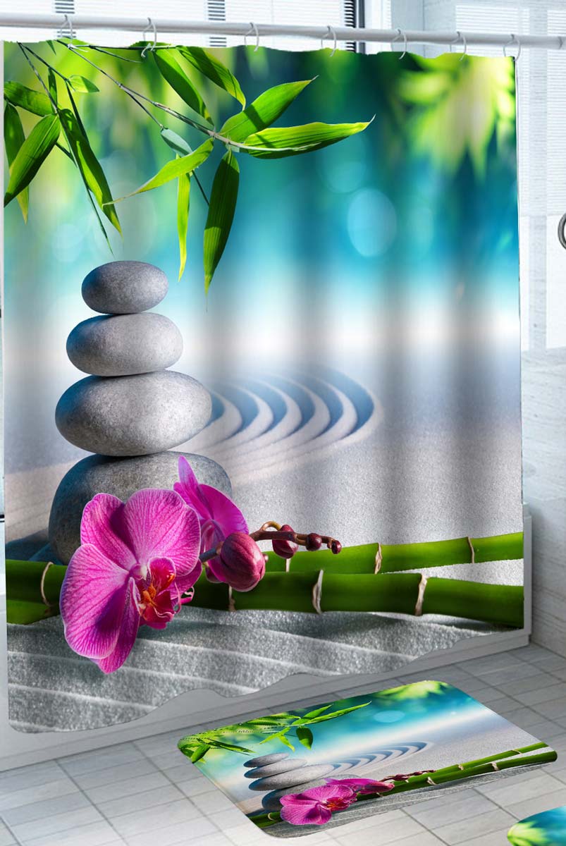 Relaxing Spa Shower Curtain with Pebbles Bamboo and Orchid