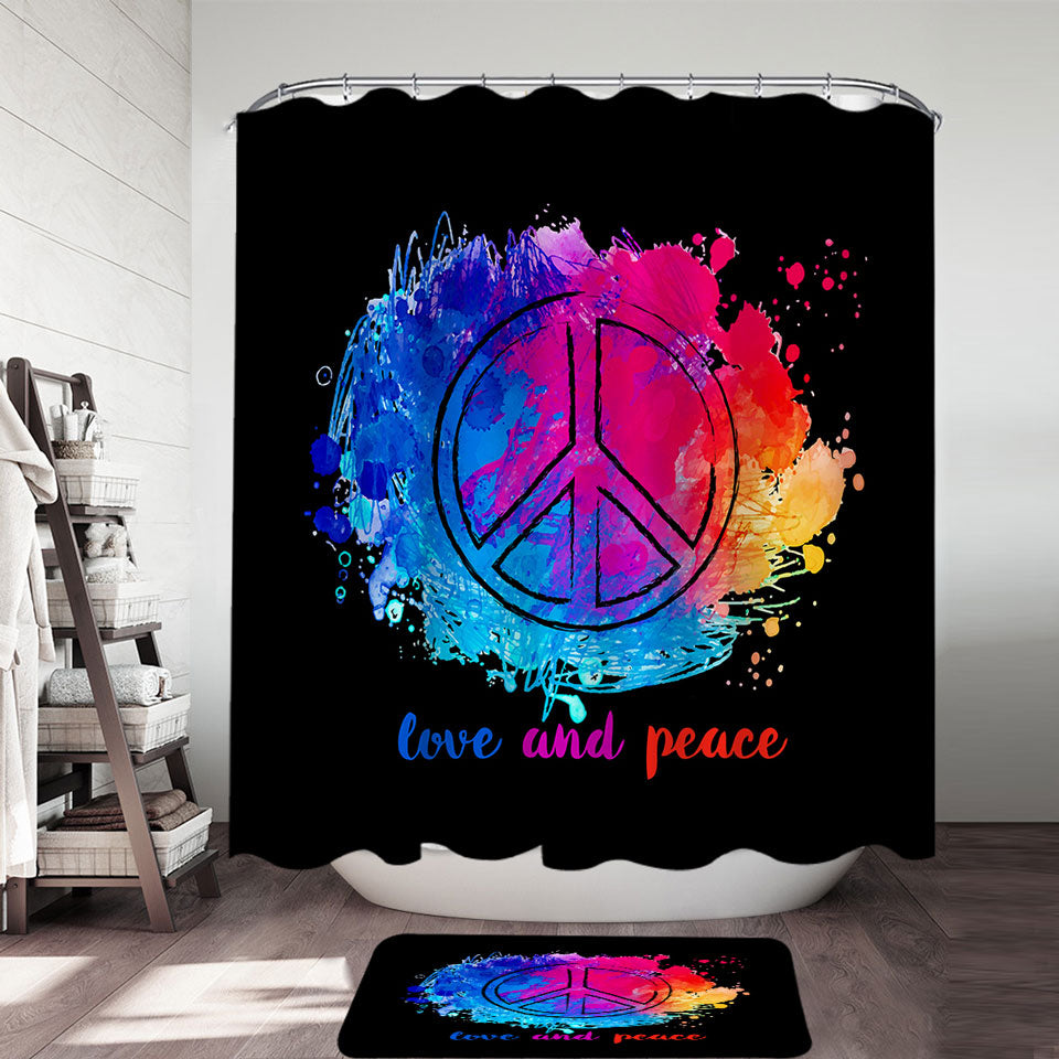 Retro Shower Curtain Reddish Blue Love and Peace