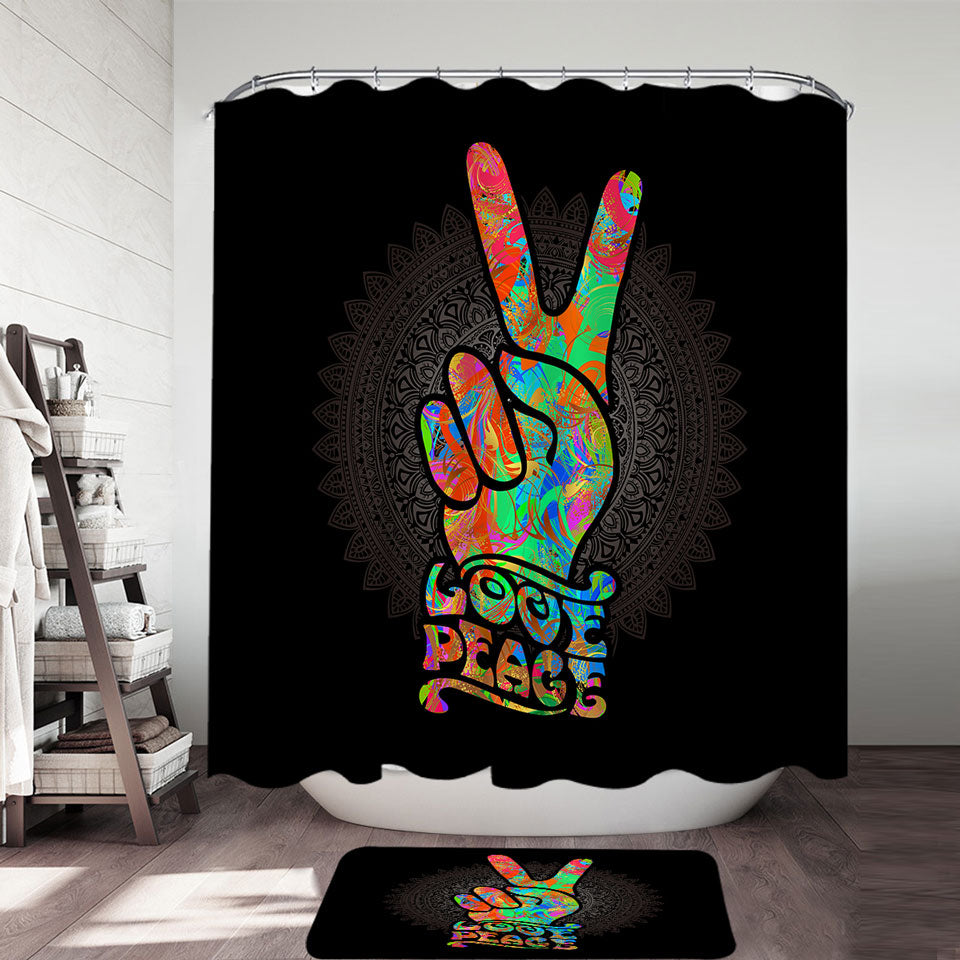 Retro Shower Curtain and Bath Mats Love Peace over Dark Mandala