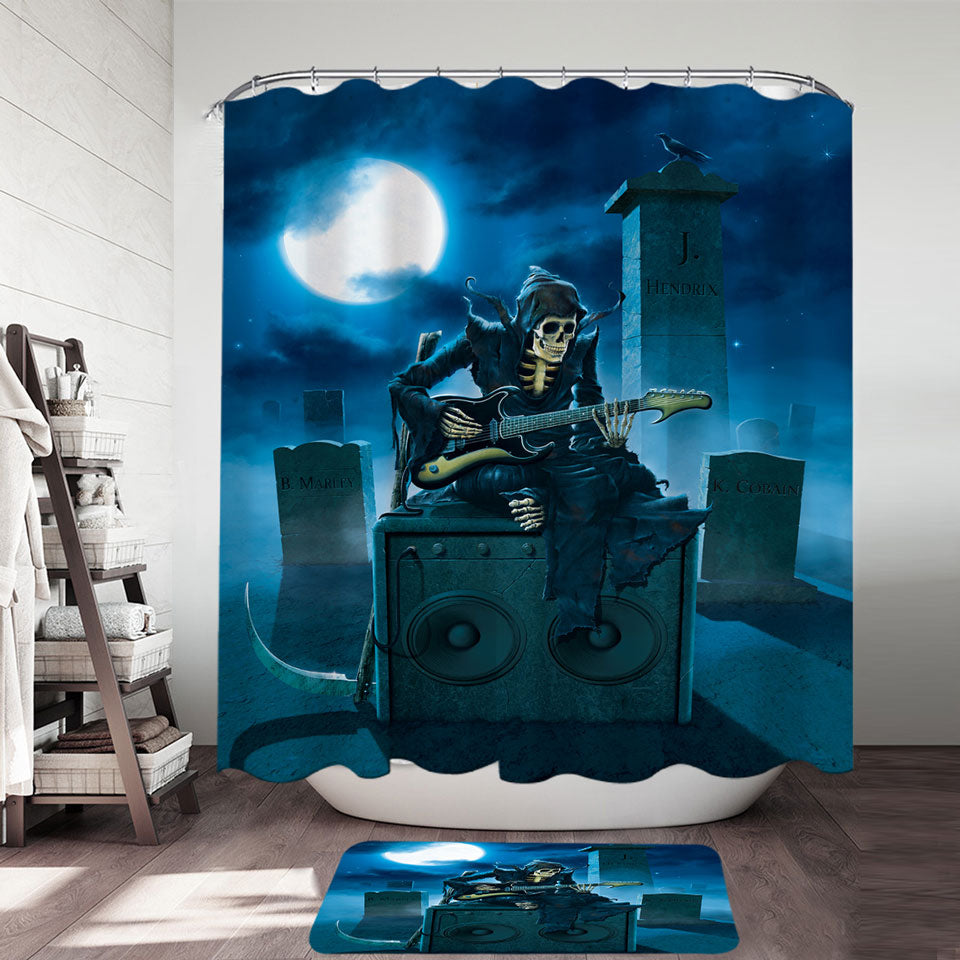 Rock Legends Tribute Shower Curtains Dark Art Skeleton in the Graveyard