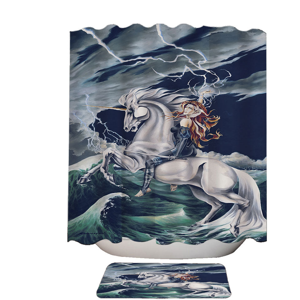 Rolling Thunder Ocean Unicorn and Female Warrior Shower Curtain for Cool Apartment