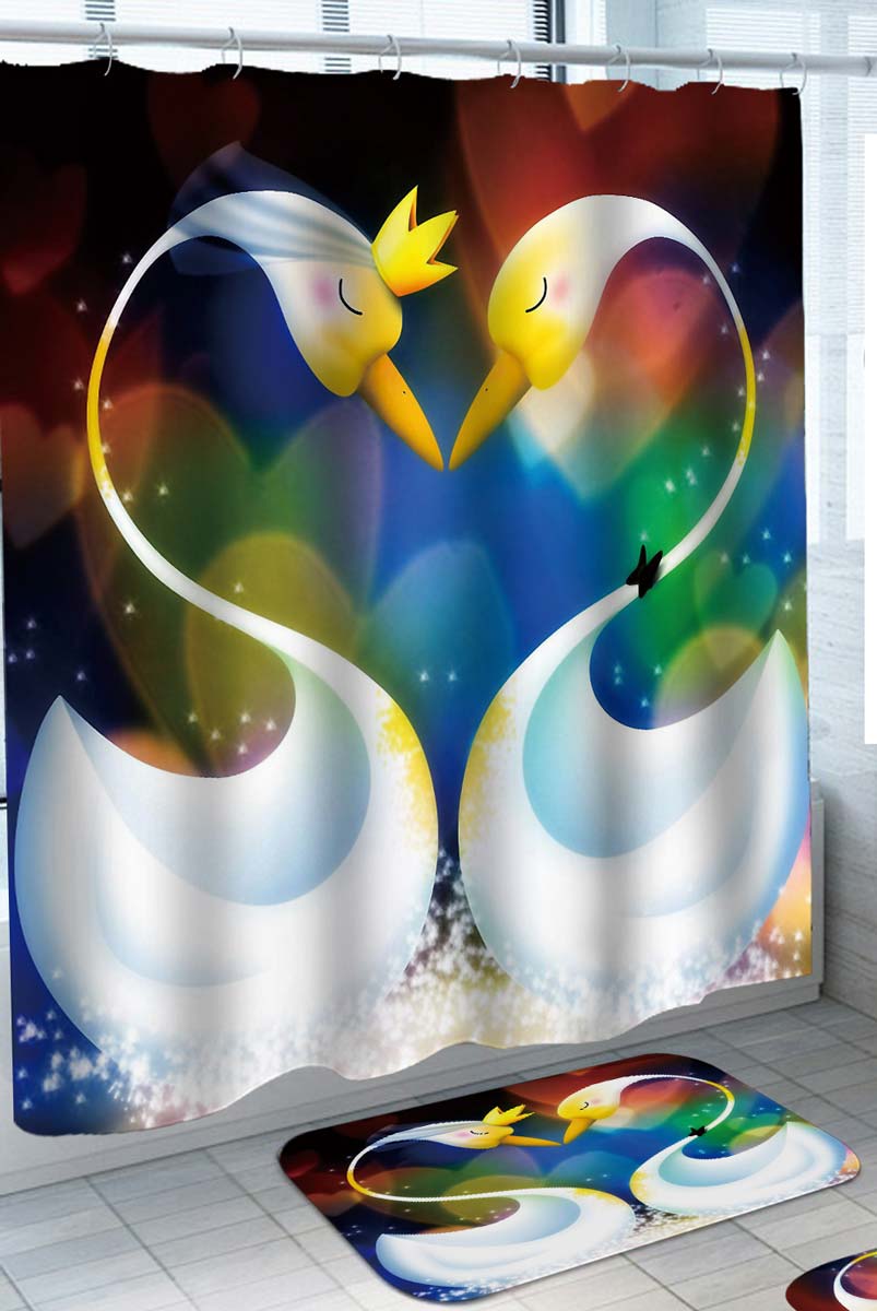 Romantic Shower Curtain Heart Shape Queen and King Swans
