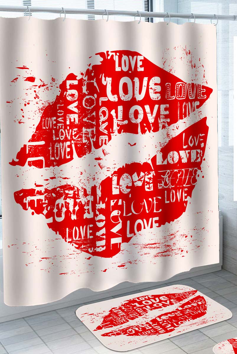 Romantic Shower Curtain Love Red Lips Kiss