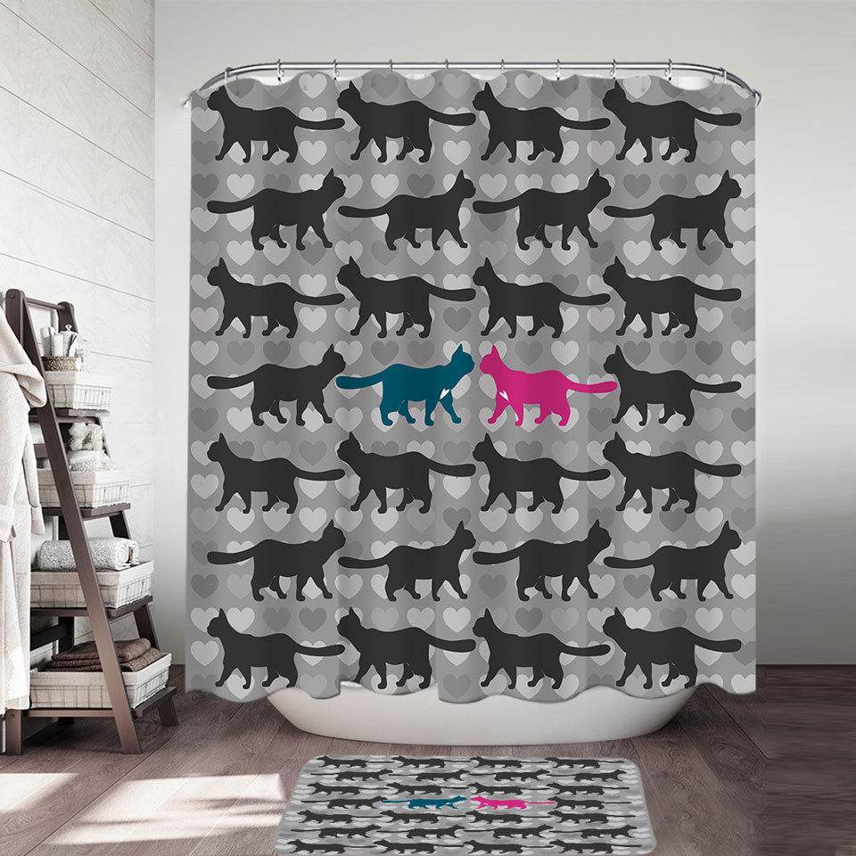 Romantic Shower Curtains Cats Hearts and Cat Silhouettes