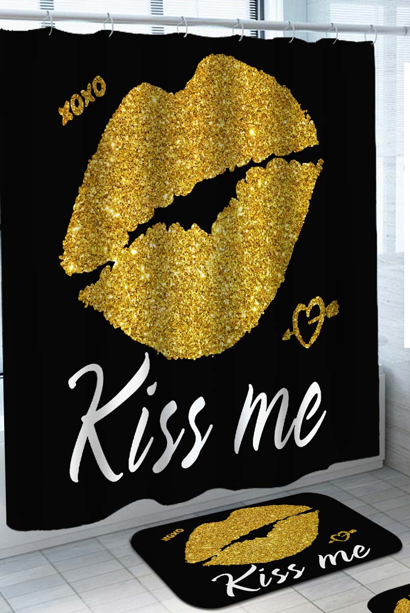 Romantic Shower Curtains Gold Lips Kiss Me