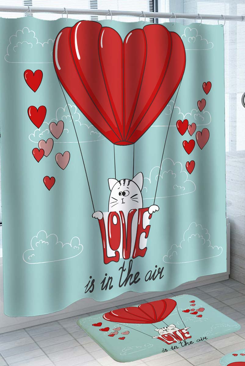 Romantic Shower Curtains Lovely Cat in Hot Air Heart Balloon