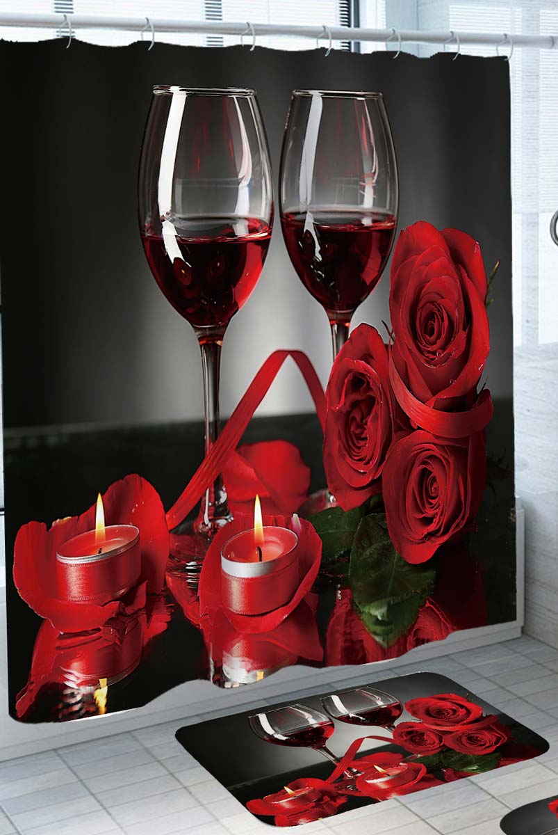 Romantic Shower Curtains Roses Wine and Candles