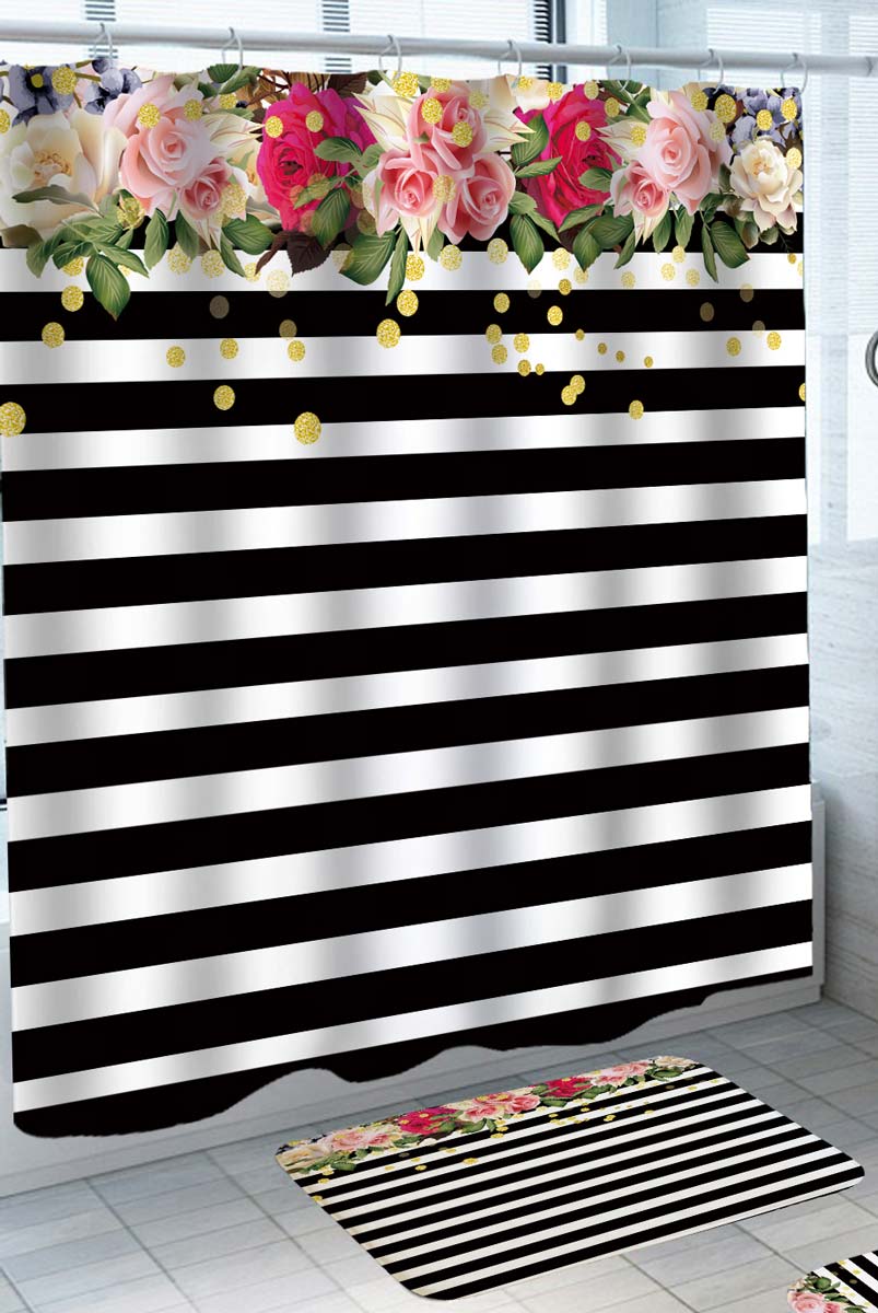 Roses Bouquet Shower Curtain Above Black and White Stripes