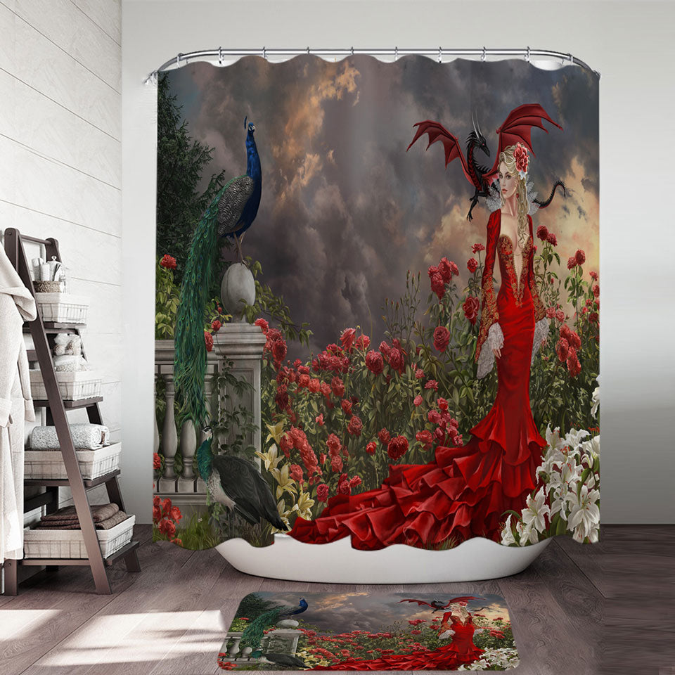 Roses Shower Curtain Garden Peacocks Dragon and Beautiful Red Dressed Woman
