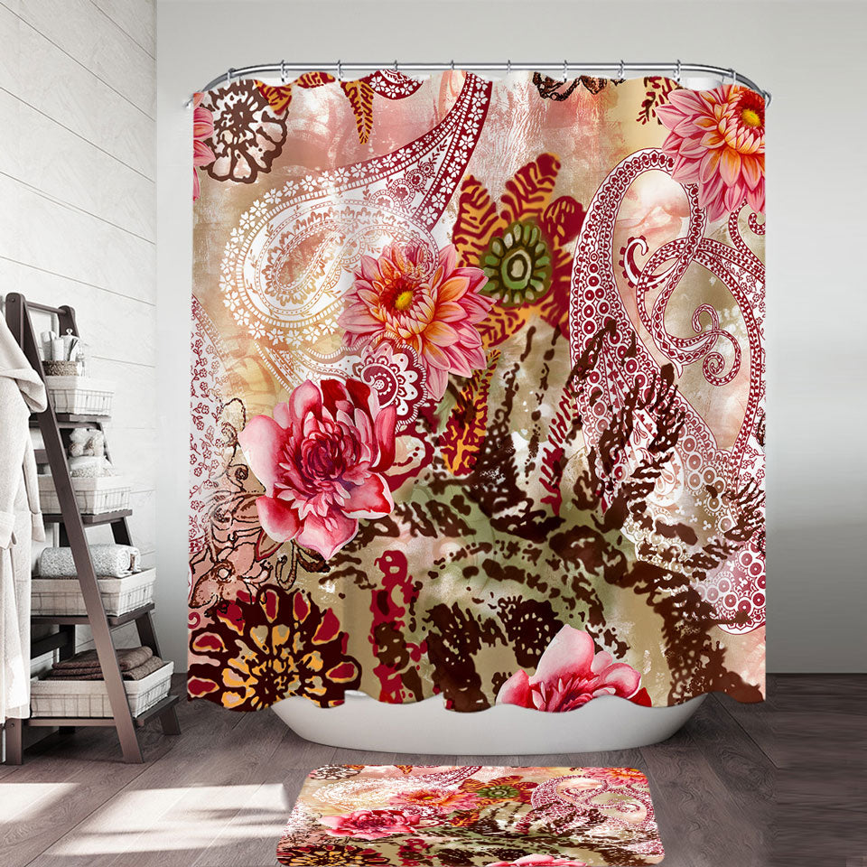 Rosy Oriental Flowers Decorative Shower Curtains