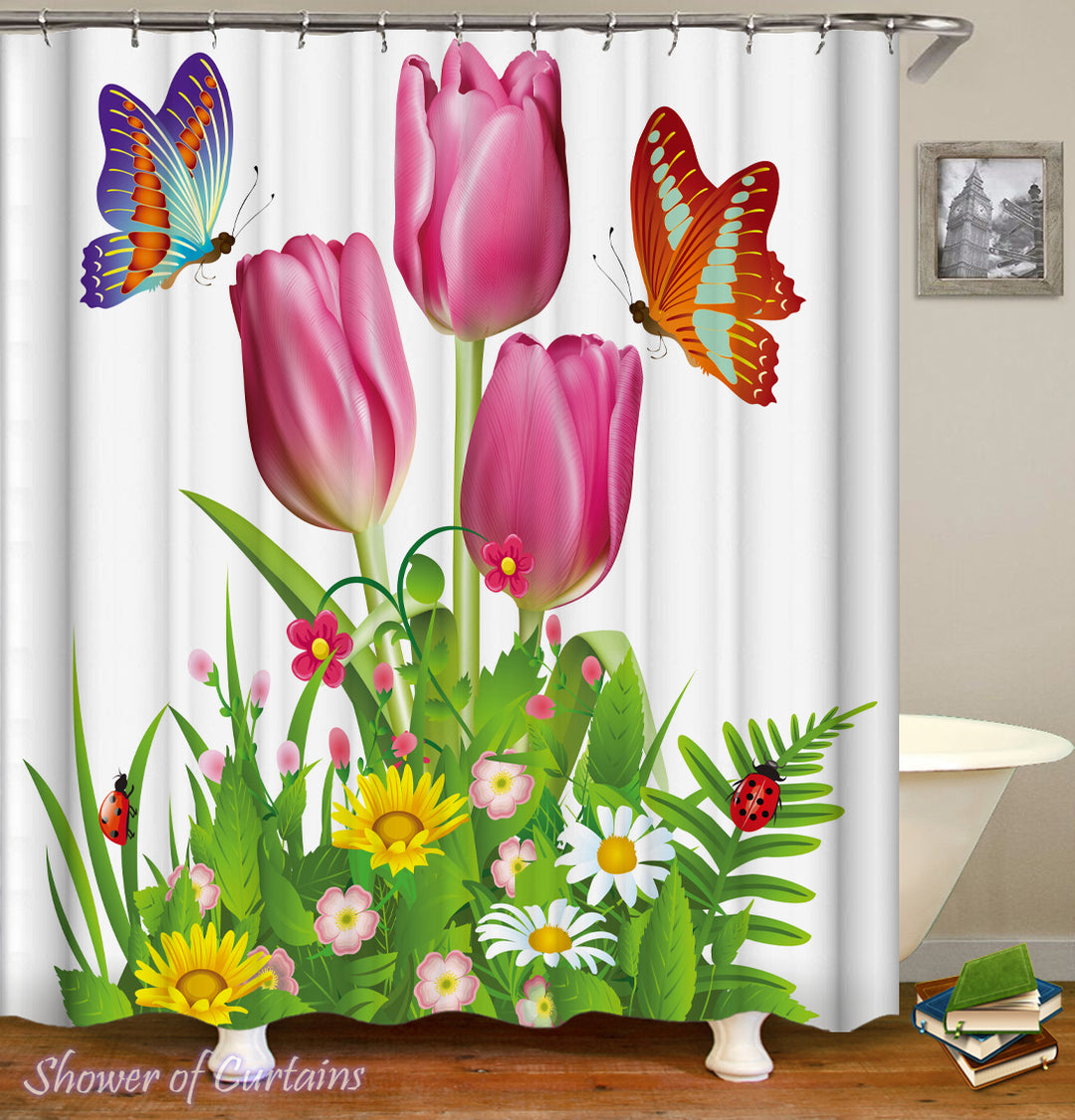 Rosy Tulips - floral shower curtain theme