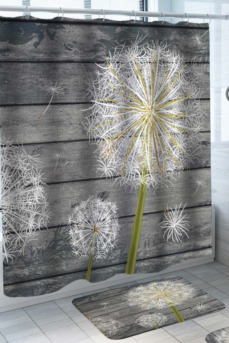 Rustic Shower Curtain with White Groundsel over Dark Wooden Deck