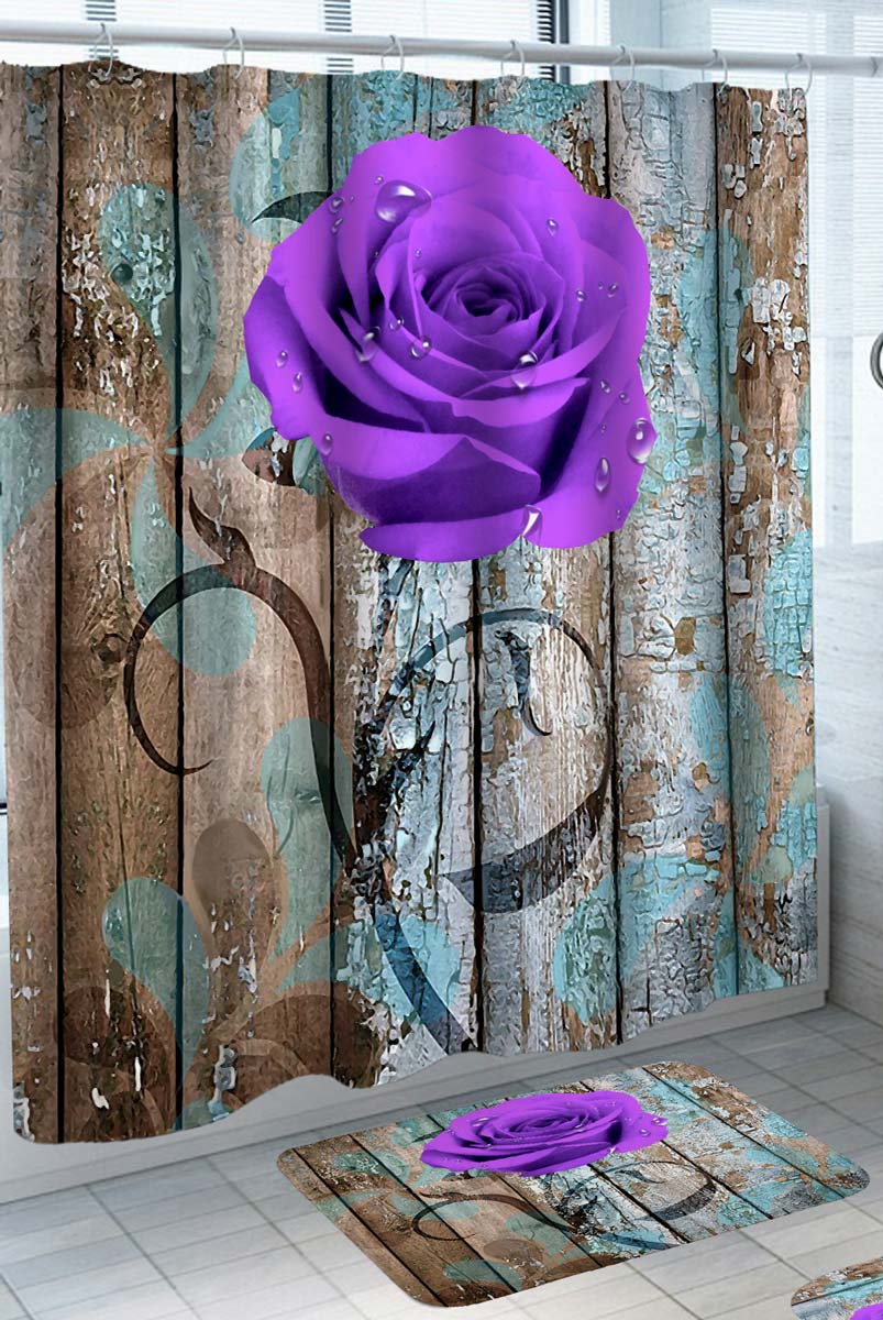 Rustic Shower Curtains Purple Rose over Peeling Wooden Wall