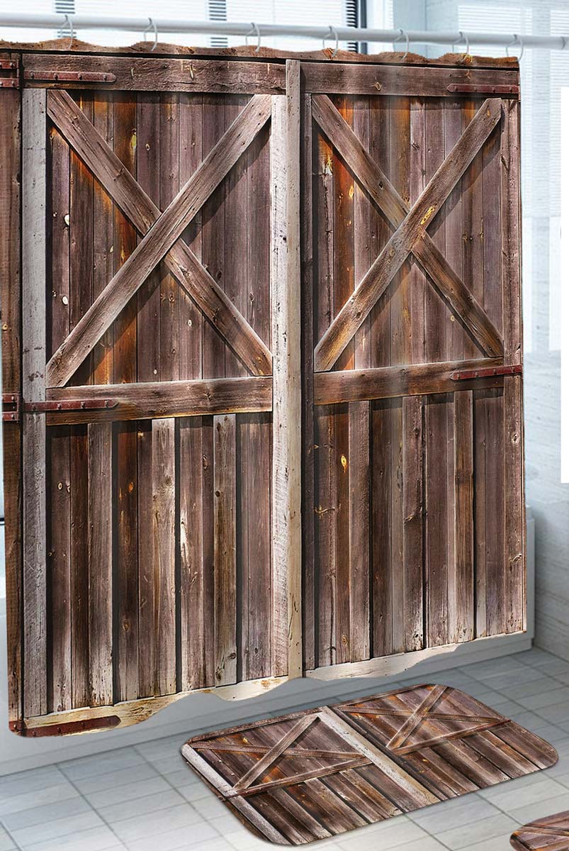 Rustic Shower Curtains with Barn Brown Wood Doors
