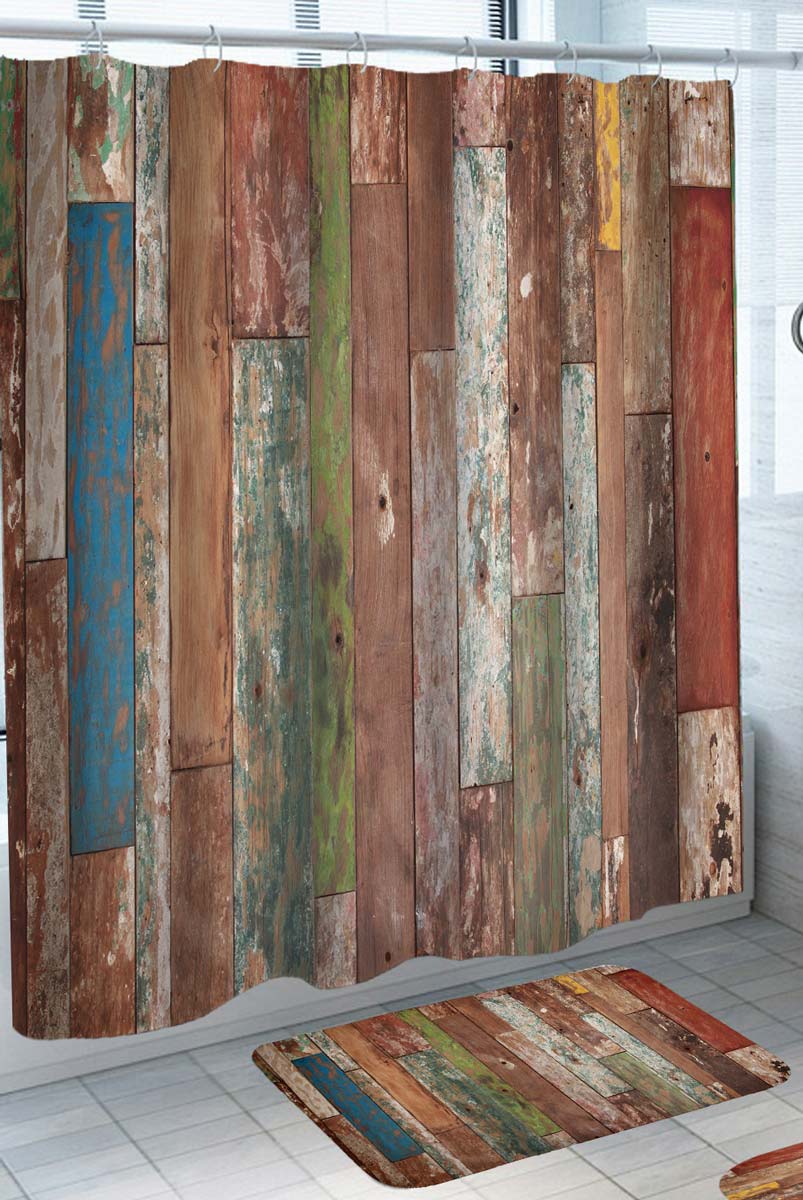 Rustic Shower Curtains with Multi Color Worn Out Wooden Floor