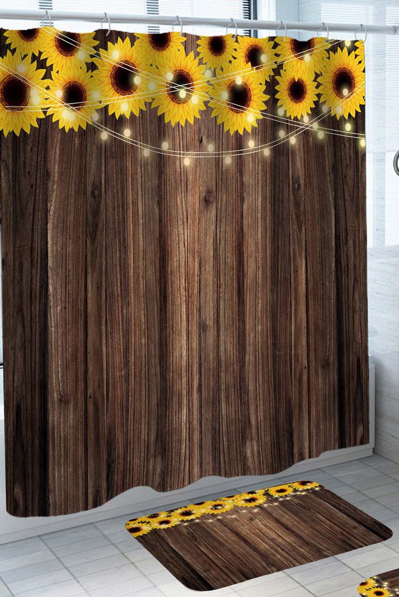 Rustic Shower Curtains with Sunflower Lights Above Wooden Wall