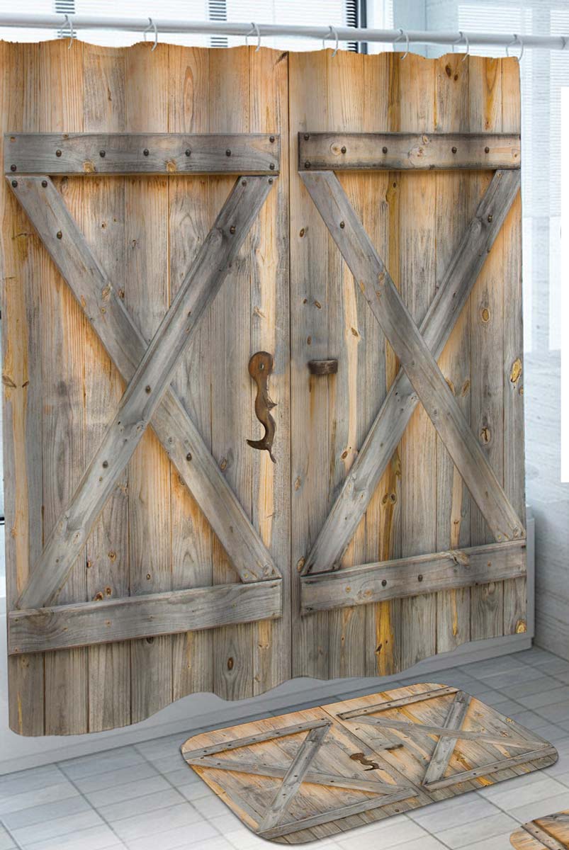 Rustic Shower Curtains with Wooden Barn Door