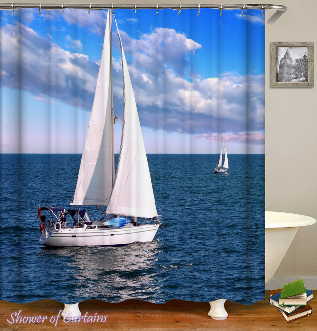 Sailboat Shower Curtain At Open Sea - Nautical Shower Curtains