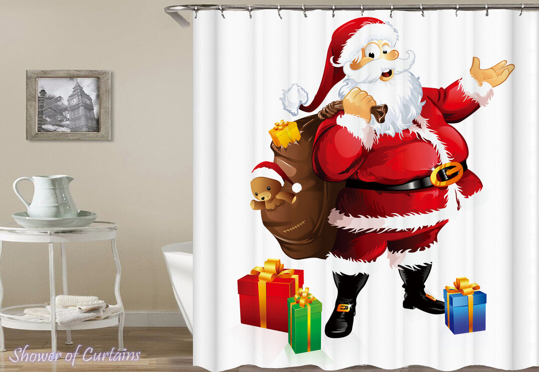 Santa Claus Shower Curtain - Happy Santa Holding A Bag Full With Presents