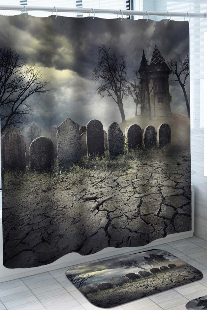 Scary Halloween Shower Curtain Cemetery Graveyard