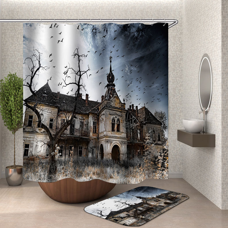 Scary Shower Curtain Abandoned Farmhouse and Crows