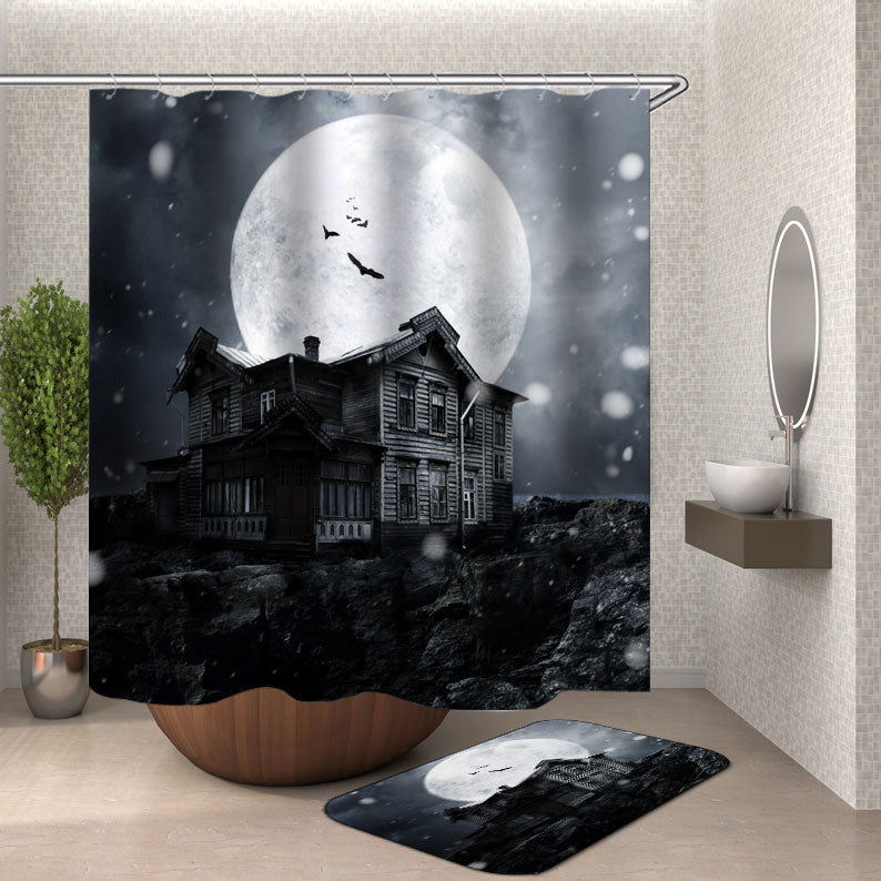 Scary Shower Curtain with Farmhouse Under the Moon