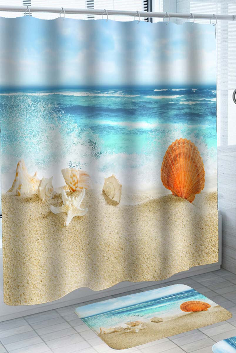 Sea Shower Curtain Turquoise Ocean Waves Hitting Beach Shells