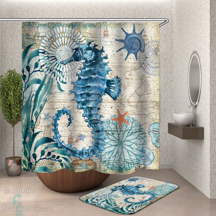 Seahorse Shower Curtain - Vintage Map Seahorse